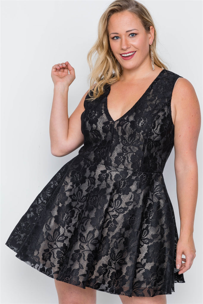 Black Floral Lace Mini Skater Dress