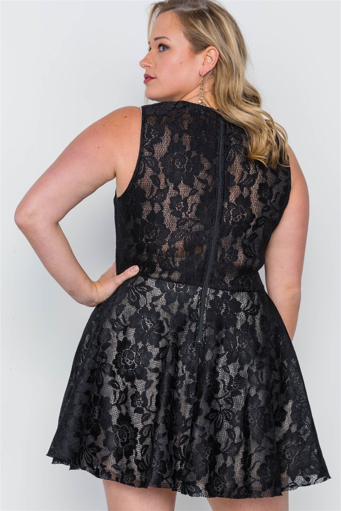 Black Floral Lace Mini Skater Dress