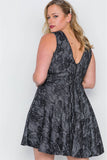 Black Lace Print Lace Up Skater Dress