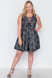 Black Lace Print Lace Up Skater Dress