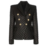 Double-breasted grid faux leather blazer