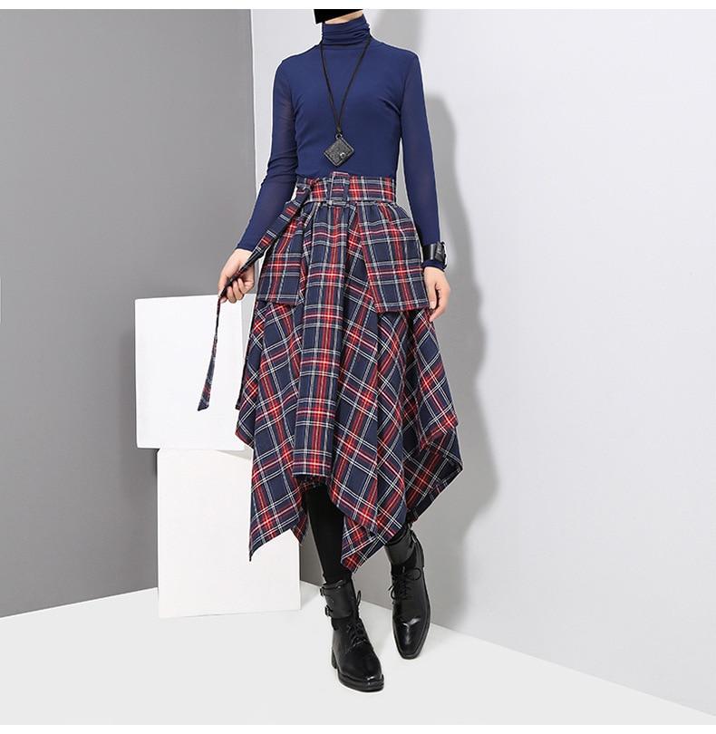 Handkerchief Hem Plaid Print Midi Skirt