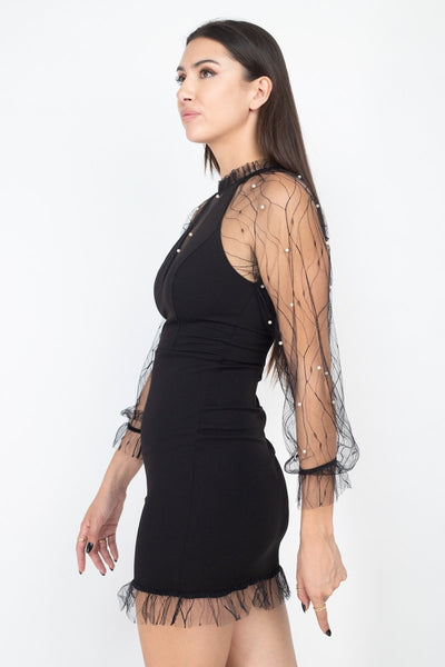 Pearl Trim Mesh Dress in black