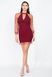 Pearl Trim Mesh Dress in burgundy red