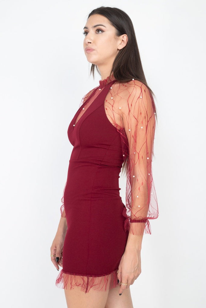 Pearl Trim Mesh Dress in burgundy red