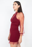 Pearl Trim Mesh Dress in burgundy red