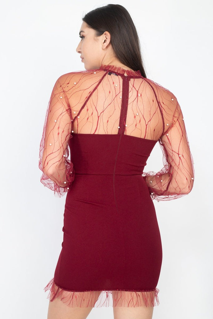 Pearl Trim Mesh Dress in burgundy red