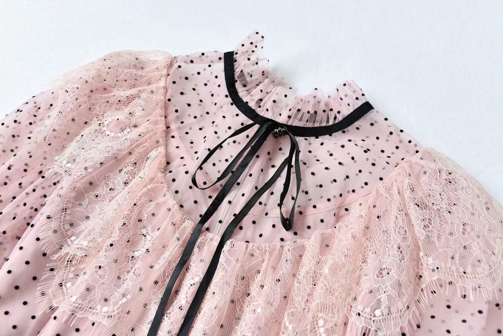 SEELA polka dot layered mesh midi dress