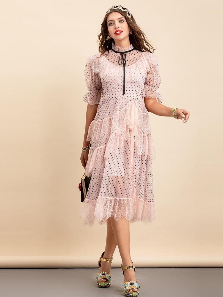 SEELA polka dot layered mesh midi dress