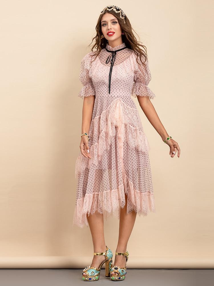 SEELA polka dot layered mesh midi dress