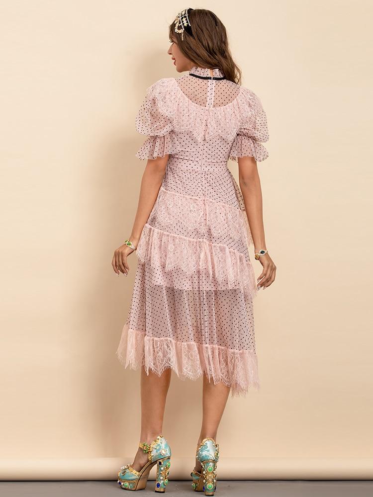 SEELA polka dot layered mesh midi dress