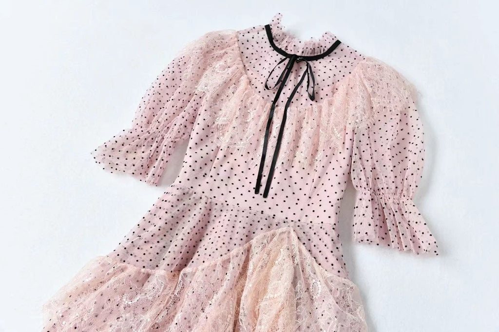 SEELA polka dot layered mesh midi dress