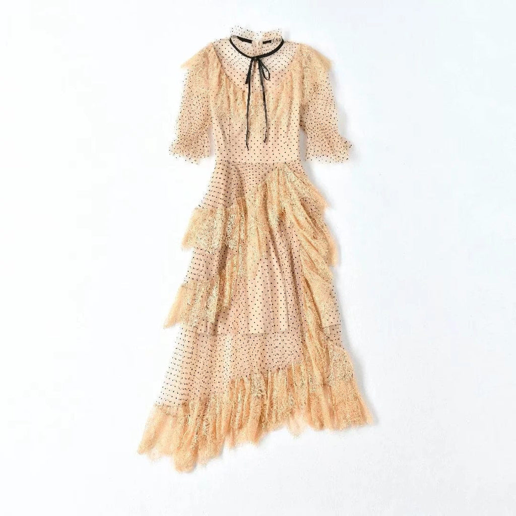 SEELA polka dot layered mesh midi dress