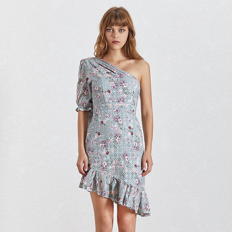Arya one-sleeve asymmetric ruffled mini dress in blue