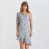 Arya one-sleeve asymmetric ruffled mini dress in blue