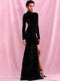 Turtleneck velvet dress with trail
