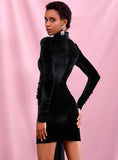 Turtleneck velvet dress with trail