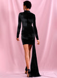 Turtleneck velvet dress with trail