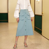 High Waist Pocketed Midi Skirt