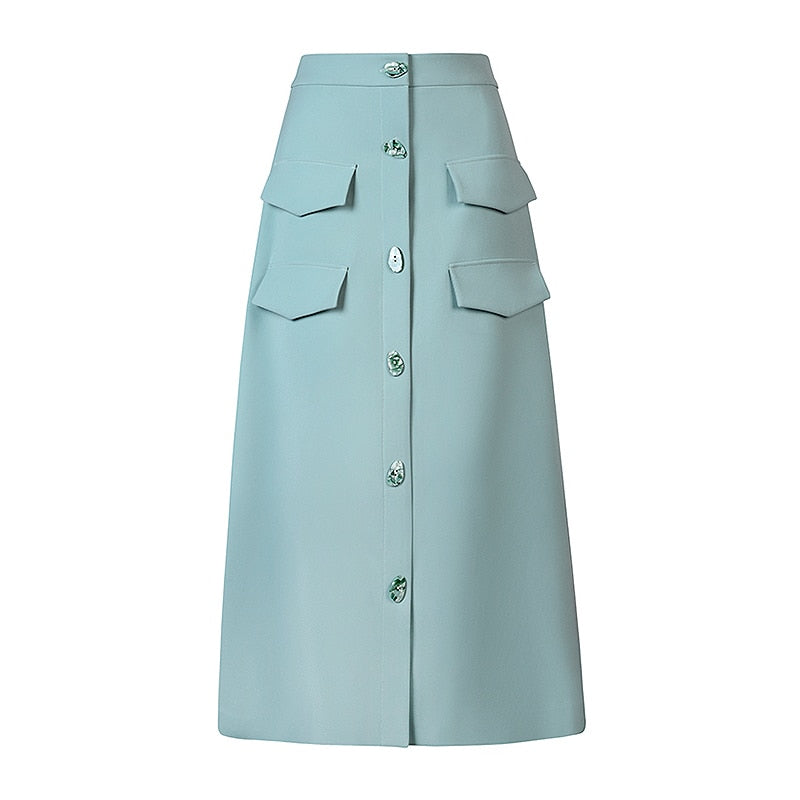 High Waist Pocketed Midi Skirt