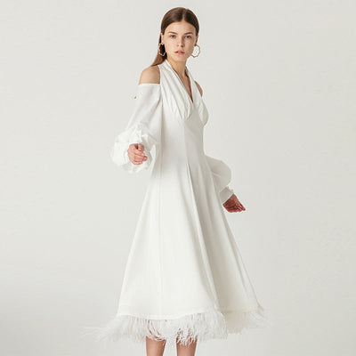LAILA Open-shoulder Feathered Hem Midi Dress
