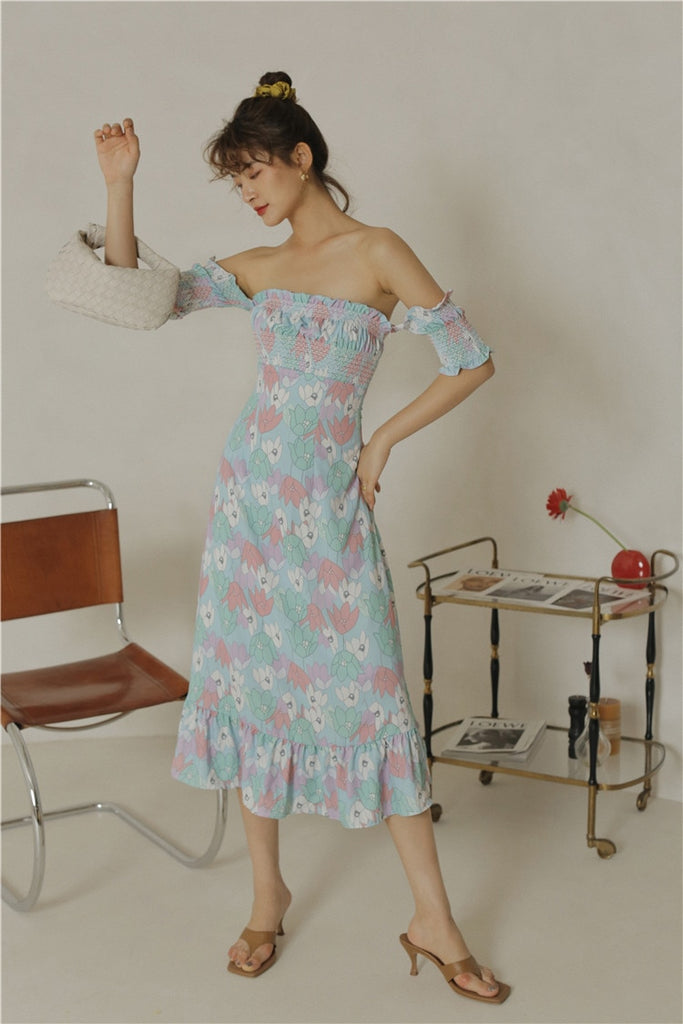 BETHEL Off Shoulder flowery Ruffle Midi Dress