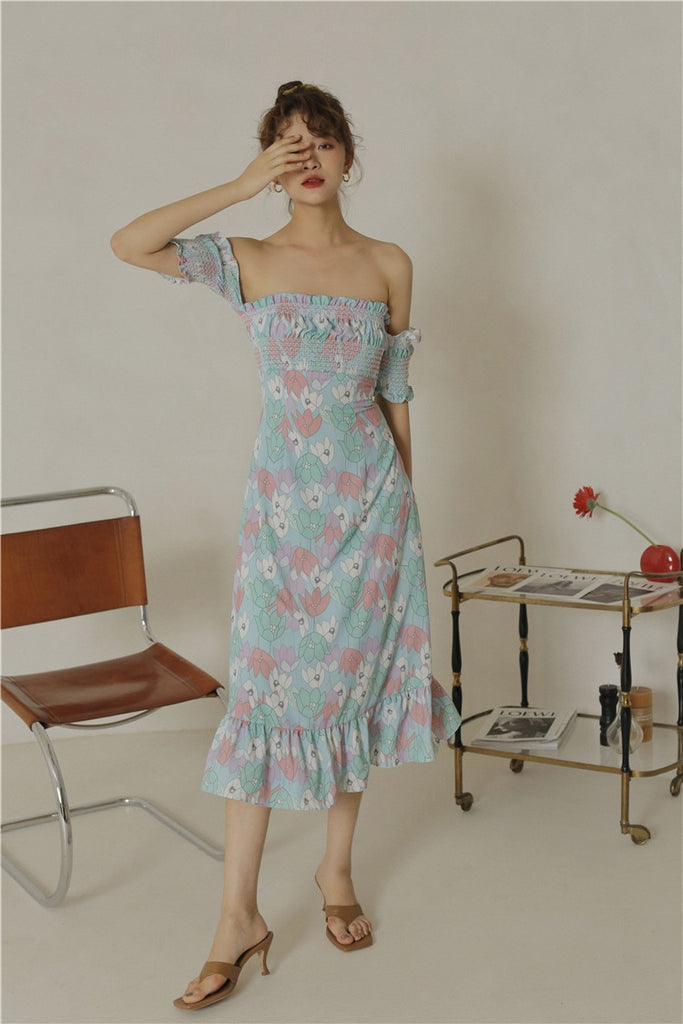 BETHEL Off Shoulder flowery Ruffle Midi Dress