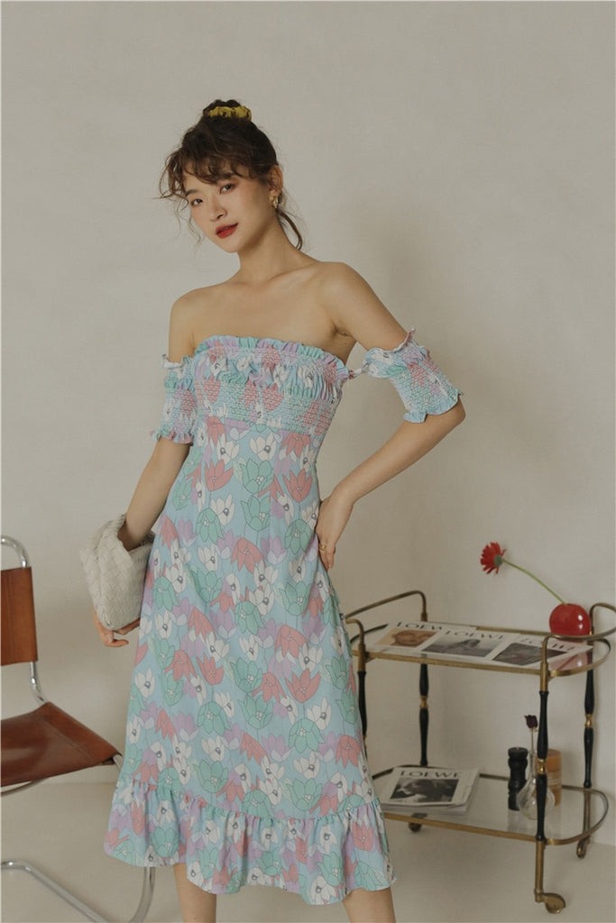 BETHEL Off Shoulder flowery Ruffle Midi Dress