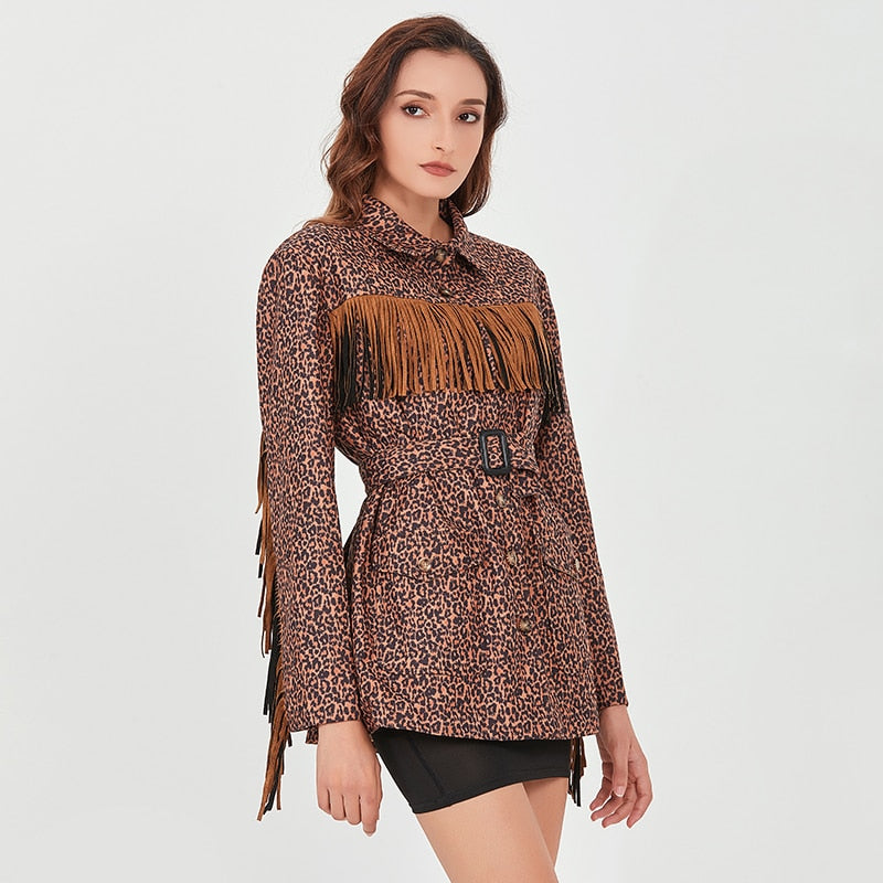 Leopard tasseled belted jacket