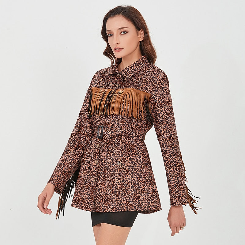 Leopard tasseled belted jacket