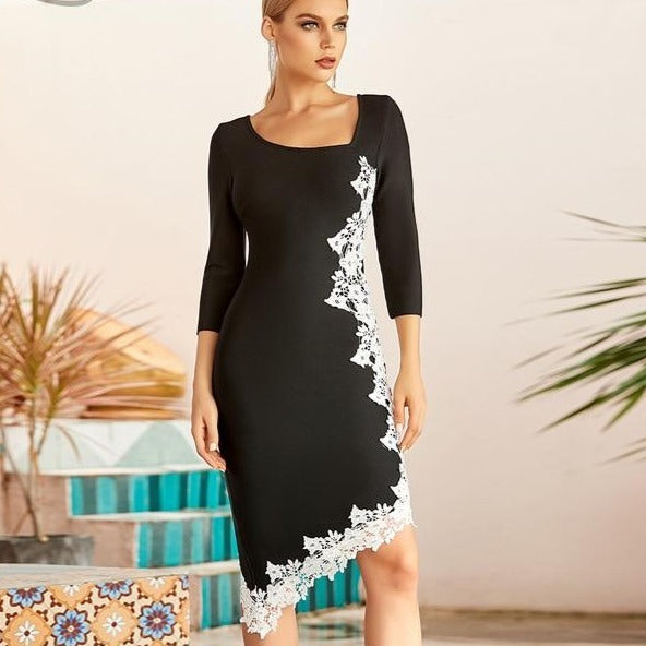 LYDIA Lace Trim Midi Black Dress