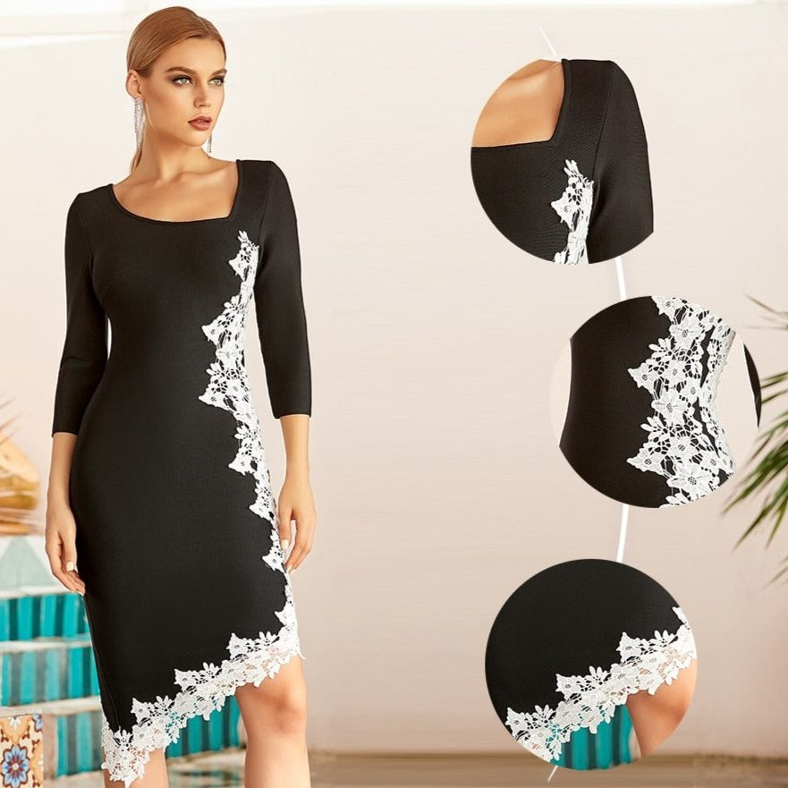 LYDIA Lace Trim Midi Black Dress