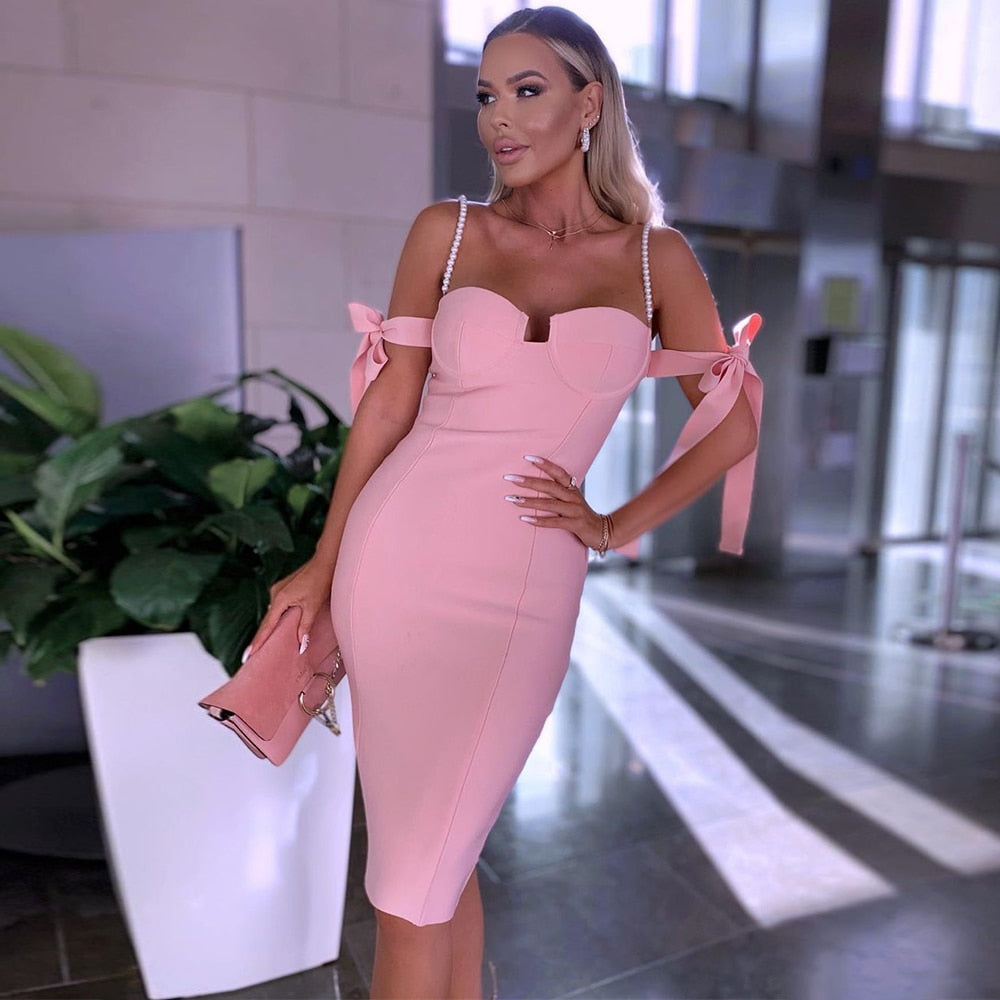BELINDA Off-Shoulder Midi Dress in pink