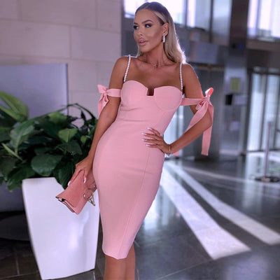 BELINDA Off-Shoulder Midi Dress in pink
