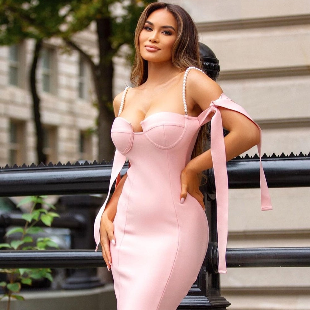 BELINDA Off-Shoulder Midi Dress in pink