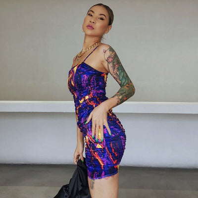 Ruched Marbled Printed Mini Dress