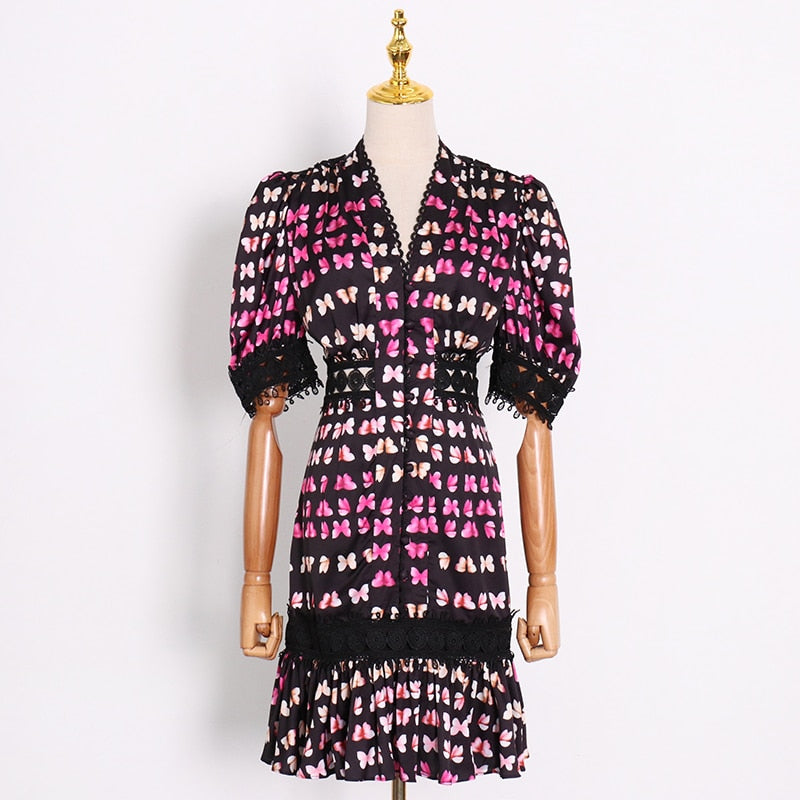 BUTTERFLY print lace trim midi dress