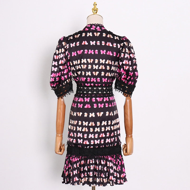 BUTTERFLY print lace trim midi dress