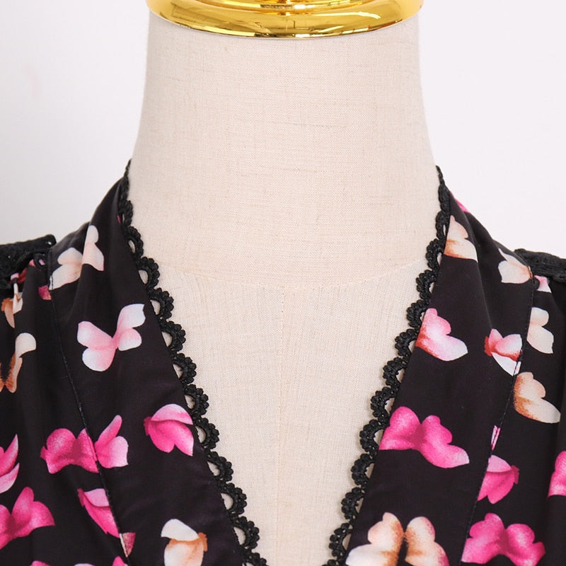 BUTTERFLY print lace trim midi dress