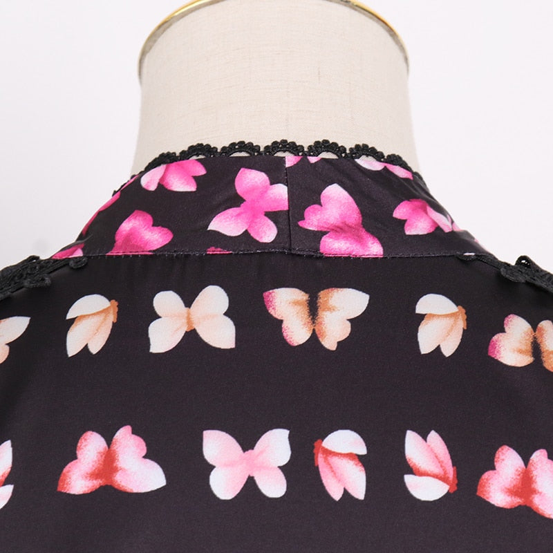 BUTTERFLY print lace trim midi dress