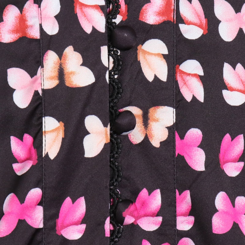 BUTTERFLY print lace trim midi dress