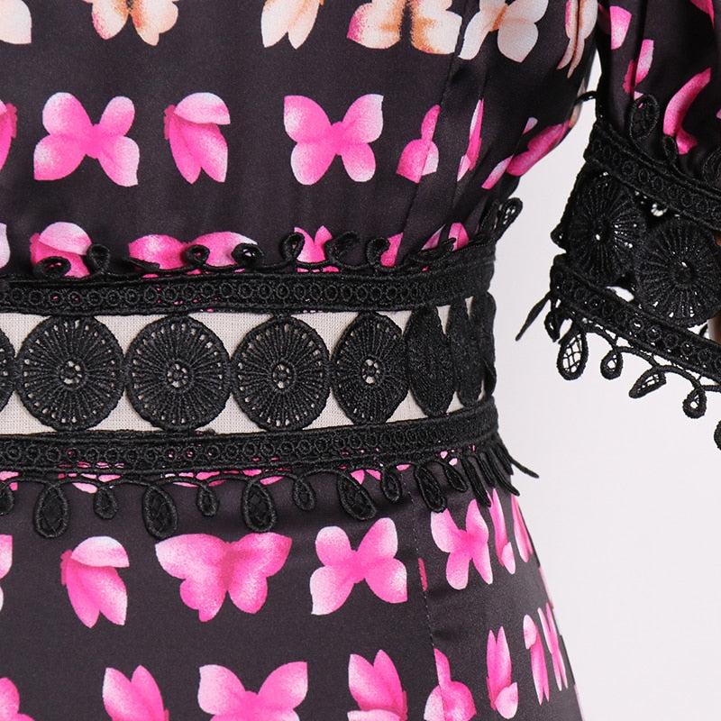 BUTTERFLY print lace trim midi dress