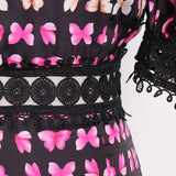 BUTTERFLY print lace trim midi dress