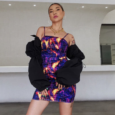 Ruched Marbled Printed Mini Dress