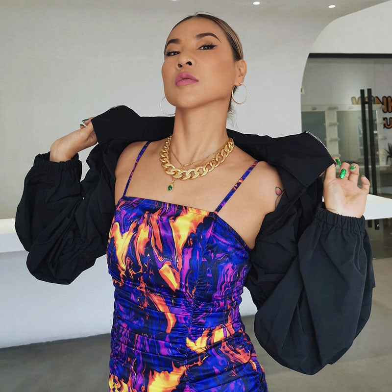 Ruched Marbled Printed Mini Dress