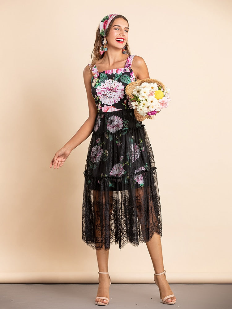 KARA Floral and Lace Midi Dress