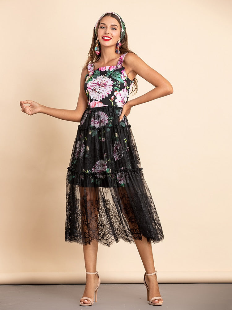 KARA Floral and Lace Midi Dress