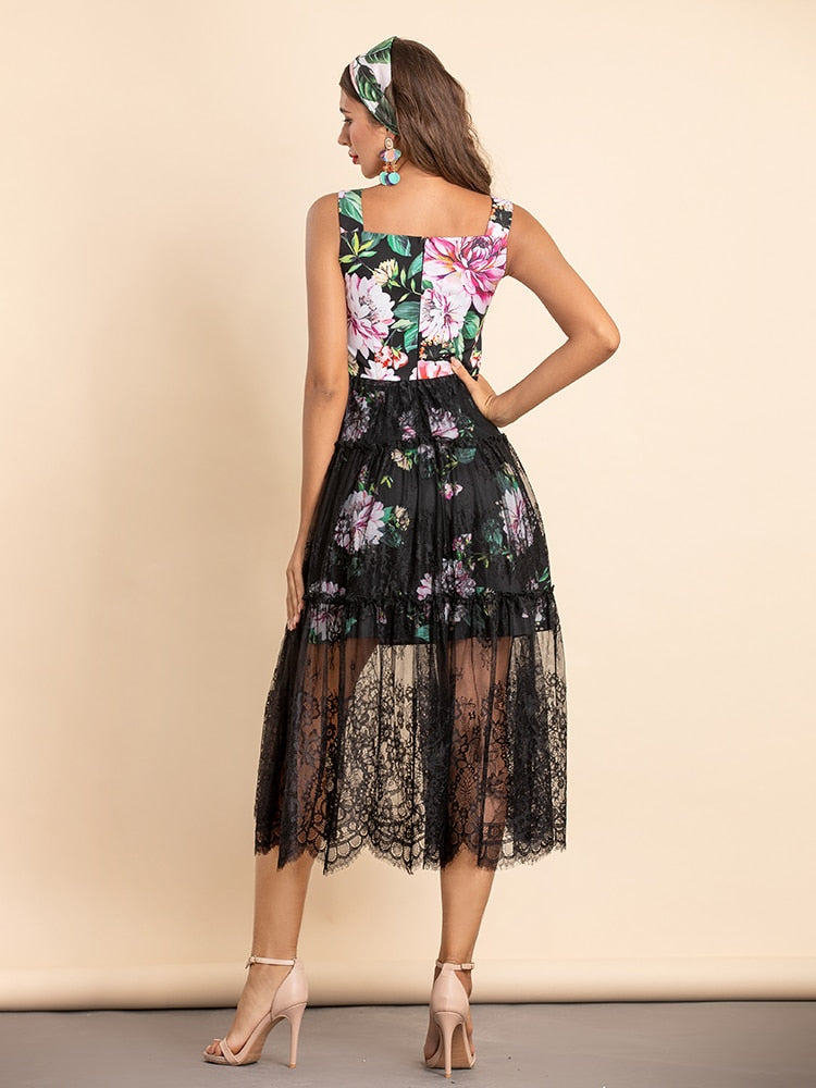 KARA Floral and Lace Midi Dress