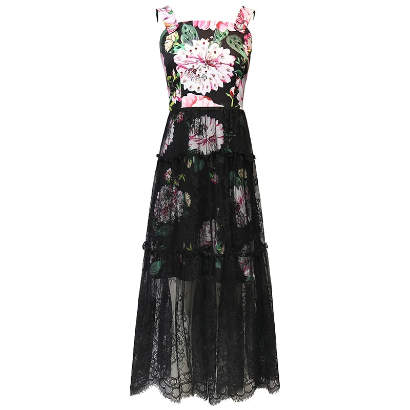 KARA Floral and Lace Midi Dress