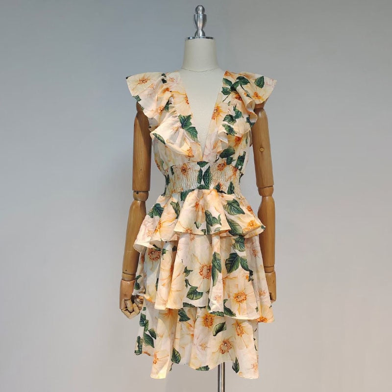 Ruffled Tropical Mini Dress in colors